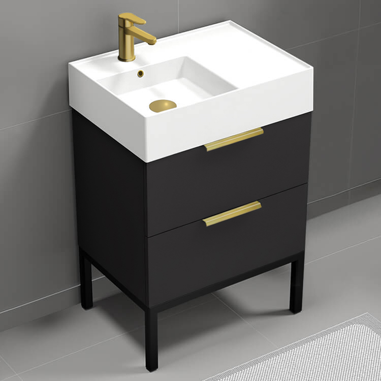 Bathroom Vanity Modern Small Black Bathroom Vanity, 24 Inch, Gold Handles, Free Standing Nameeks DERIN345